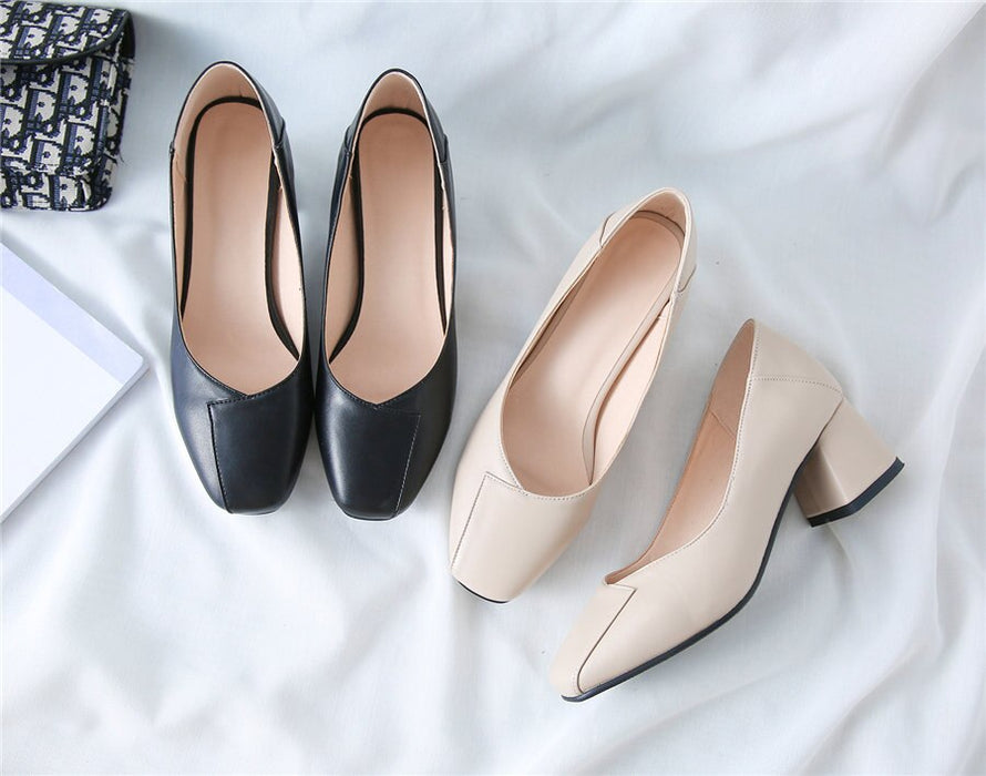 2020 New Women Pumps  Square Toe 5.5cm High Hoof Block Heel Black Beige Sewing PU Mules Casual Dress Office Ladies Slip-on Shoes