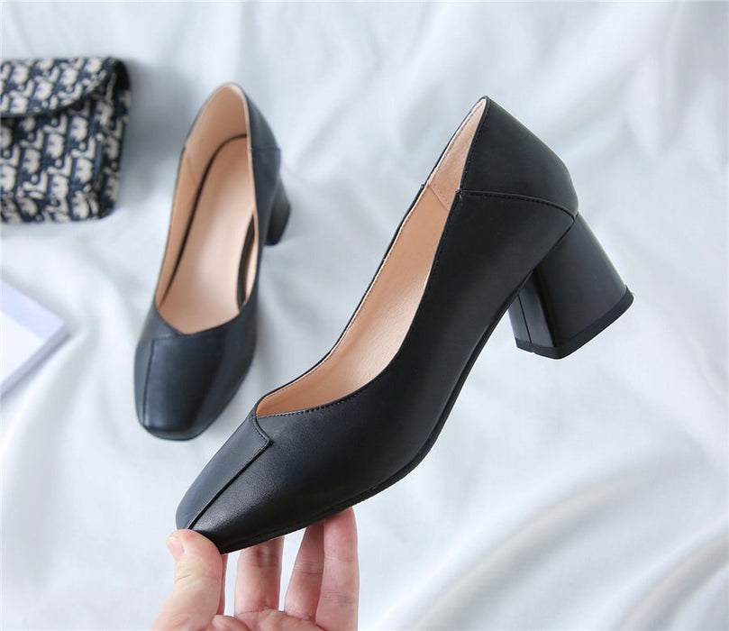 2020 New Women Pumps  Square Toe 5.5cm High Hoof Block Heel Black Beige Sewing PU Mules Casual Dress Office Ladies Slip-on Shoes