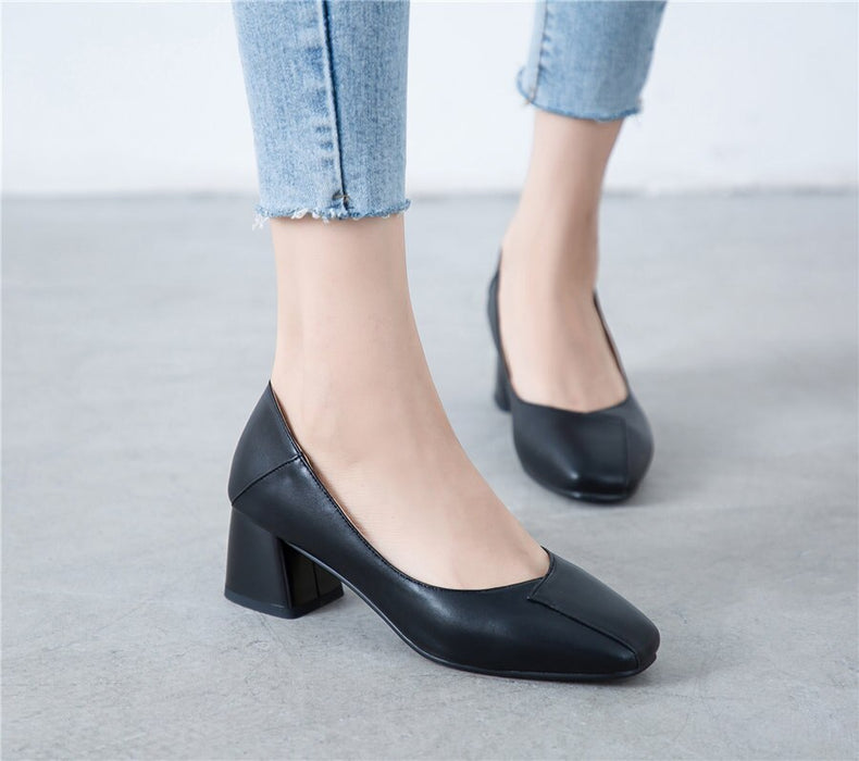 2020 New Women Pumps  Square Toe 5.5cm High Hoof Block Heel Black Beige Sewing PU Mules Casual Dress Office Ladies Slip-on Shoes