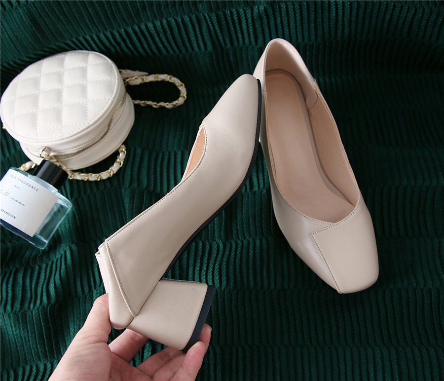 2020 New Women Pumps  Square Toe 5.5cm High Hoof Block Heel Black Beige Sewing PU Mules Casual Dress Office Ladies Slip-on Shoes