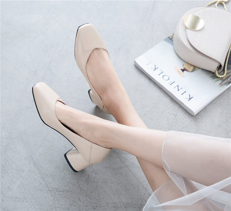 2020 New Women Pumps  Square Toe 5.5cm High Hoof Block Heel Black Beige Sewing PU Mules Casual Dress Office Ladies Slip-on Shoes