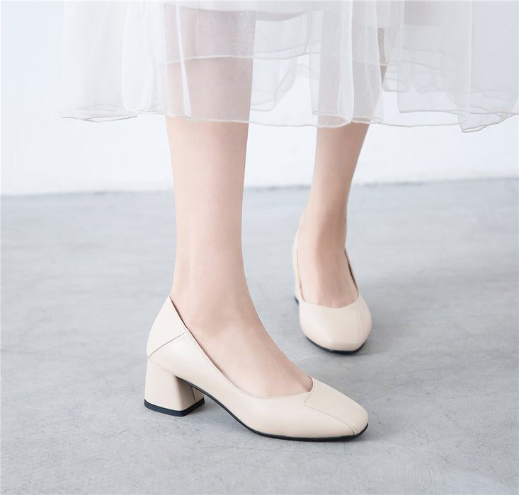 2020 New Women Pumps  Square Toe 5.5cm High Hoof Block Heel Black Beige Sewing PU Mules Casual Dress Office Ladies Slip-on Shoes