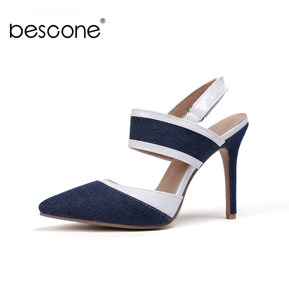 BESCONE Women Pumps Sexy Pointed Toe Buckle Breathable Thin Heel Shoes Handmade Shallow Super High Heel Dress Ladies Pumps BM97