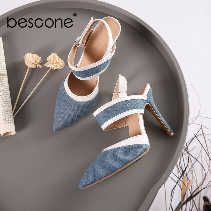 BESCONE Women Pumps Sexy Pointed Toe Buckle Breathable Thin Heel Shoes Handmade Shallow Super High Heel Dress Ladies Pumps BM97