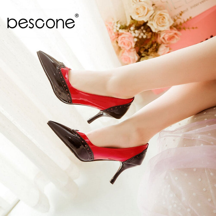 BESCONE Sexy Pointed Toe Ladies Pumps High Quality Patent Leather Shallow Thin Heel Shoes New Fashion Dress Women Pumps BM297