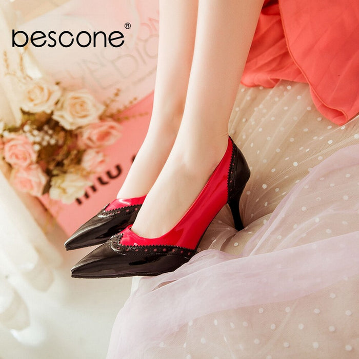 BESCONE Sexy Pointed Toe Ladies Pumps High Quality Patent Leather Shallow Thin Heel Shoes New Fashion Dress Women Pumps BM297