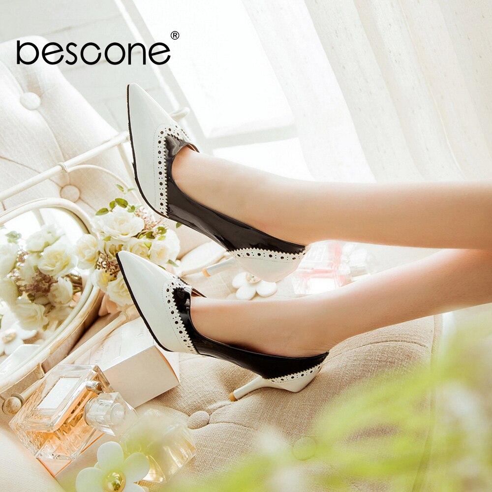 BESCONE Sexy Pointed Toe Ladies Pumps High Quality Patent Leather Shallow Thin Heel Shoes New Fashion Dress Women Pumps BM297