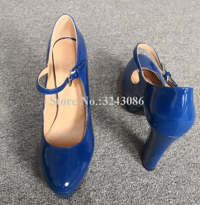 Fashion Blue Patent Leather Platform Pumps Lady New Ankle Buckle Chunky Heel Dress Shoes Woman Real Photos High Heels Dropship