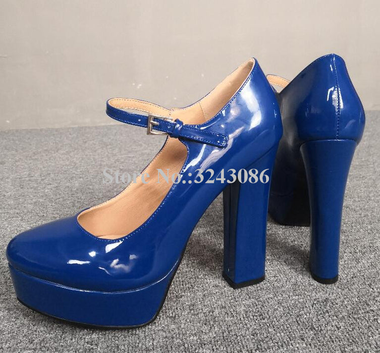 Fashion Blue Patent Leather Platform Pumps Lady New Ankle Buckle Chunky Heel Dress Shoes Woman Real Photos High Heels Dropship