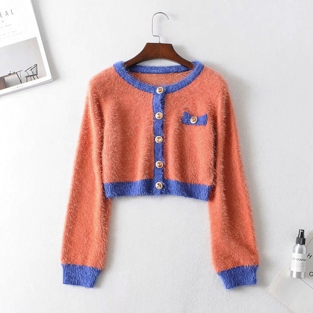 2019 Autumn Retro Shaggy Contrast color Cardigan Korea Single-breasted Button Knitted Sweater Package Hips Mini Skirt 1 Set