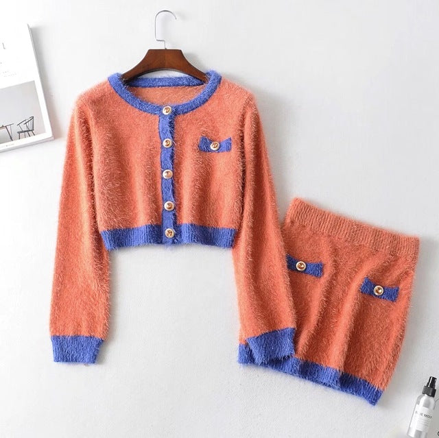 2019 Autumn Retro Shaggy Contrast color Cardigan Korea Single-breasted Button Knitted Sweater Package Hips Mini Skirt 1 Set