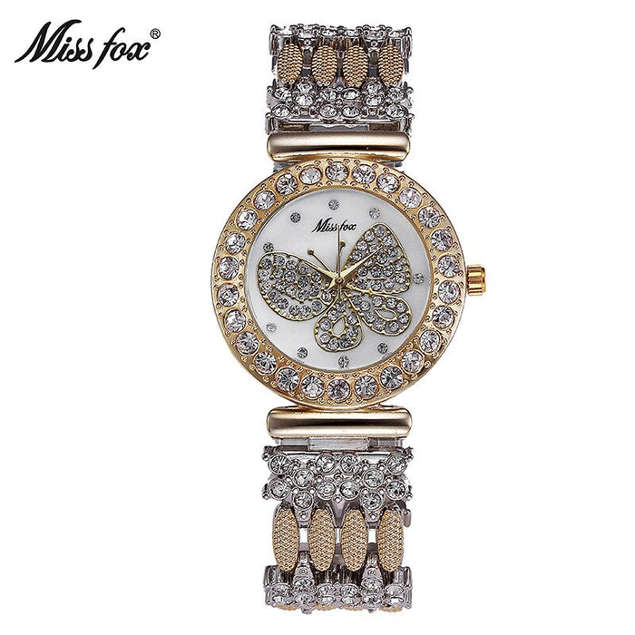 MISSFOX Butterfly Women Watches Luxury Brand Big Diamond 18K Gold Watch Waterproof Special Bracelet Expensive Ladies Wrist Watch