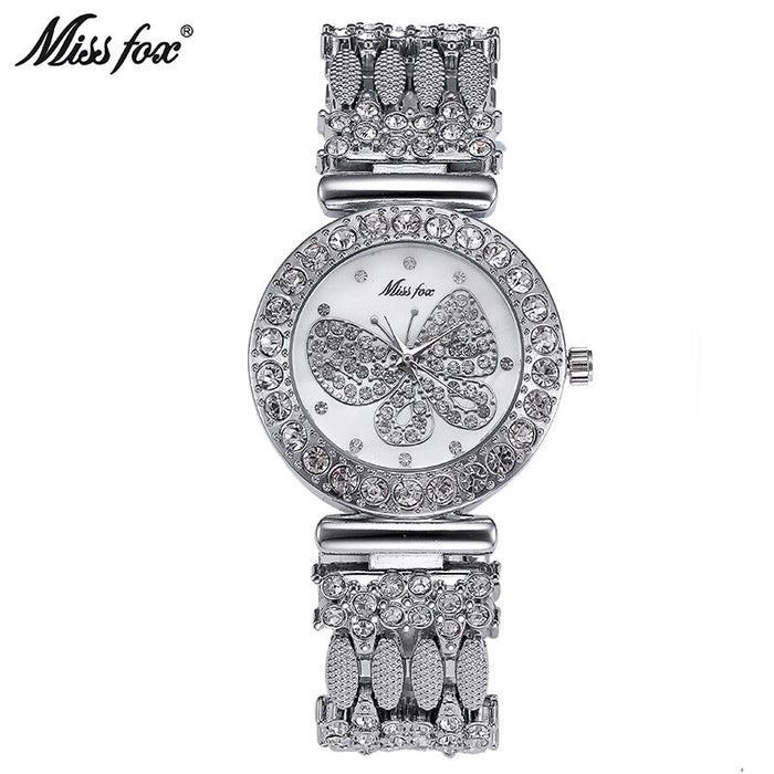 MISSFOX Butterfly Women Watches Luxury Brand Big Diamond 18K Gold Watch Waterproof Special Bracelet Expensive Ladies Wrist Watch