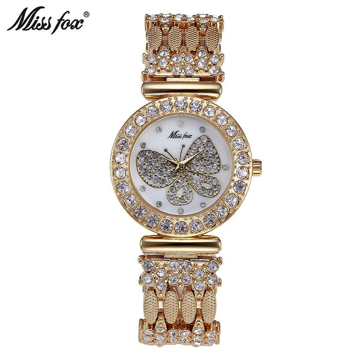 MISSFOX Butterfly Women Watches Luxury Brand Big Diamond 18K Gold Watch Waterproof Special Bracelet Expensive Ladies Wrist Watch