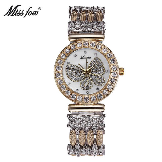 MISSFOX Butterfly Women Watches Luxury Brand Big Diamond 18K Gold Watch Waterproof Special Bracelet Expensive Ladies Wrist Watch