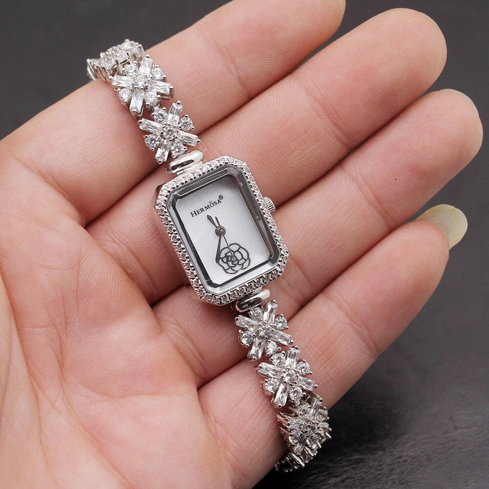 Hermosa Quartz Wristwatch Sterling Silver Natural Whitetopaz Rectangle Watch Lady Bracelet Nice Jewelry 8 Inches FREE SHIPPING