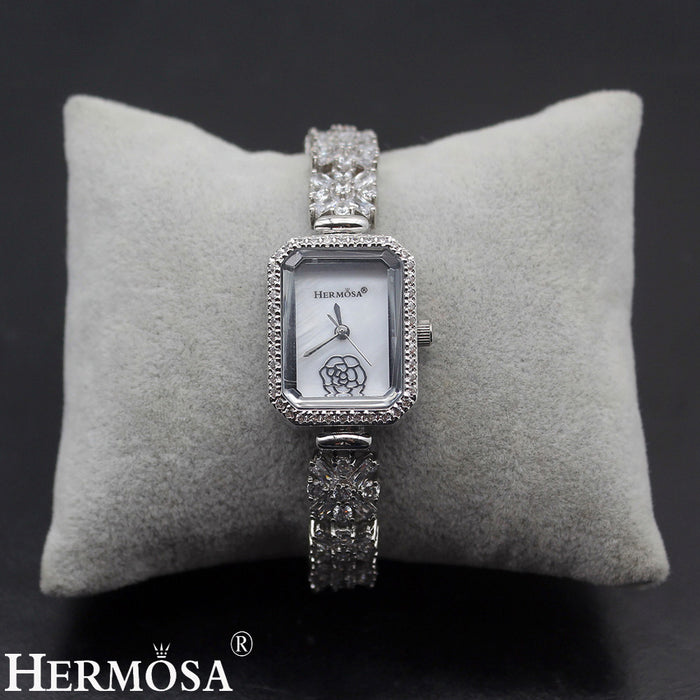 Hermosa Quartz Wristwatch Sterling Silver Natural Whitetopaz Rectangle Watch Lady Bracelet Nice Jewelry 8 Inches FREE SHIPPING