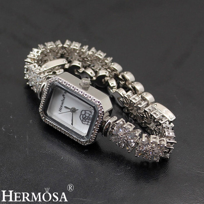 Hermosa Quartz Wristwatch Sterling Silver Natural Whitetopaz Rectangle Watch Lady Bracelet Nice Jewelry 8 Inches FREE SHIPPING