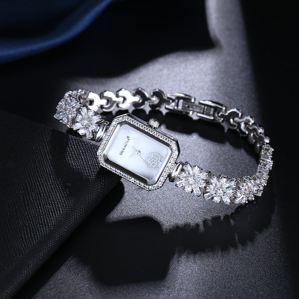Hermosa Quartz Wristwatch Sterling Silver Natural Whitetopaz Rectangle Watch Lady Bracelet Nice Jewelry 8 Inches FREE SHIPPING