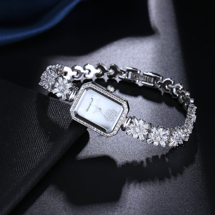 Hermosa Quartz Wristwatch Sterling Silver Natural Whitetopaz Rectangle Watch Lady Bracelet Nice Jewelry 8 Inches FREE SHIPPING