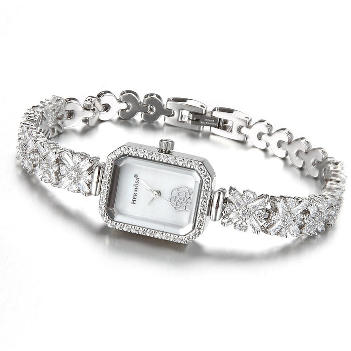 Hermosa Quartz Wristwatch Sterling Silver Natural Whitetopaz Rectangle Watch Lady Bracelet Nice Jewelry 8 Inches FREE SHIPPING