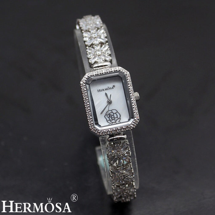 Hermosa Quartz Wristwatch Sterling Silver Natural Whitetopaz Rectangle Watch Lady Bracelet Nice Jewelry 8 Inches FREE SHIPPING