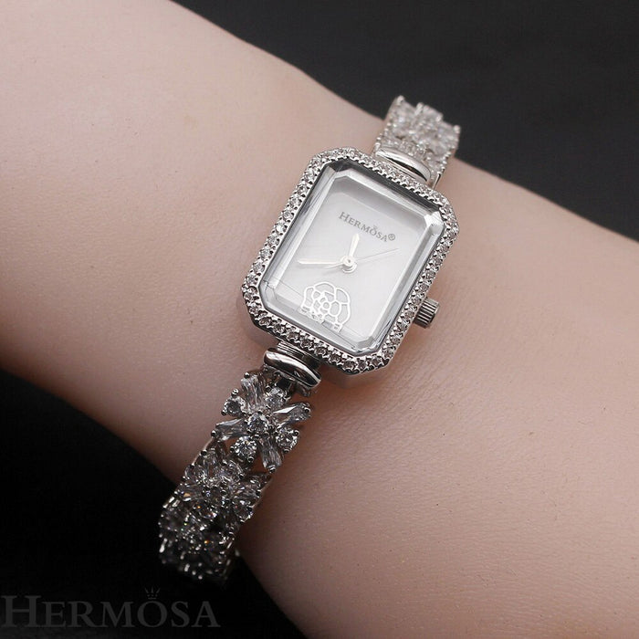 Hermosa Quartz Wristwatch Sterling Silver Natural Whitetopaz Rectangle Watch Lady Bracelet Nice Jewelry 8 Inches FREE SHIPPING