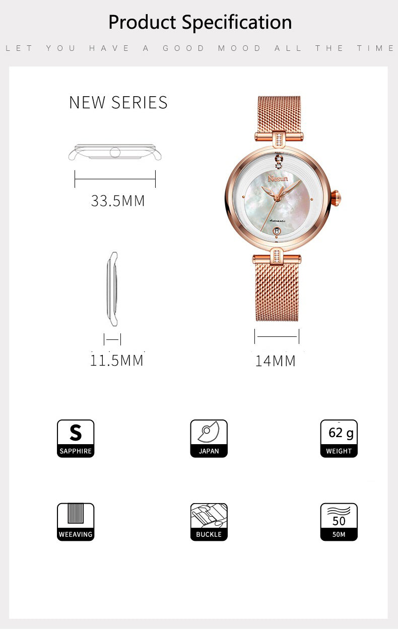 Switzerland Luxury Brand Nesun Women Watch Japan Original Auto Mechanical Watches Waterproof Nice Steel Band Lady clock N9066-2