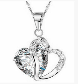 Women's Heart Crystal Silver Pendant Necklaces Fashion Girls Lady Double Heart Necklace&Pendant Fine Jewerly Lover Gift