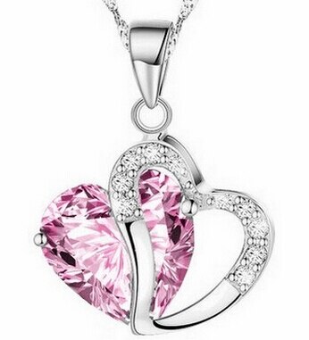 Women's Heart Crystal Silver Pendant Necklaces Fashion Girls Lady Double Heart Necklace&Pendant Fine Jewerly Lover Gift