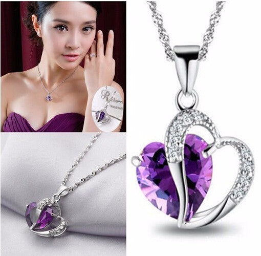 Women's Heart Crystal Silver Pendant Necklaces Fashion Girls Lady Double Heart Necklace&Pendant Fine Jewerly Lover Gift