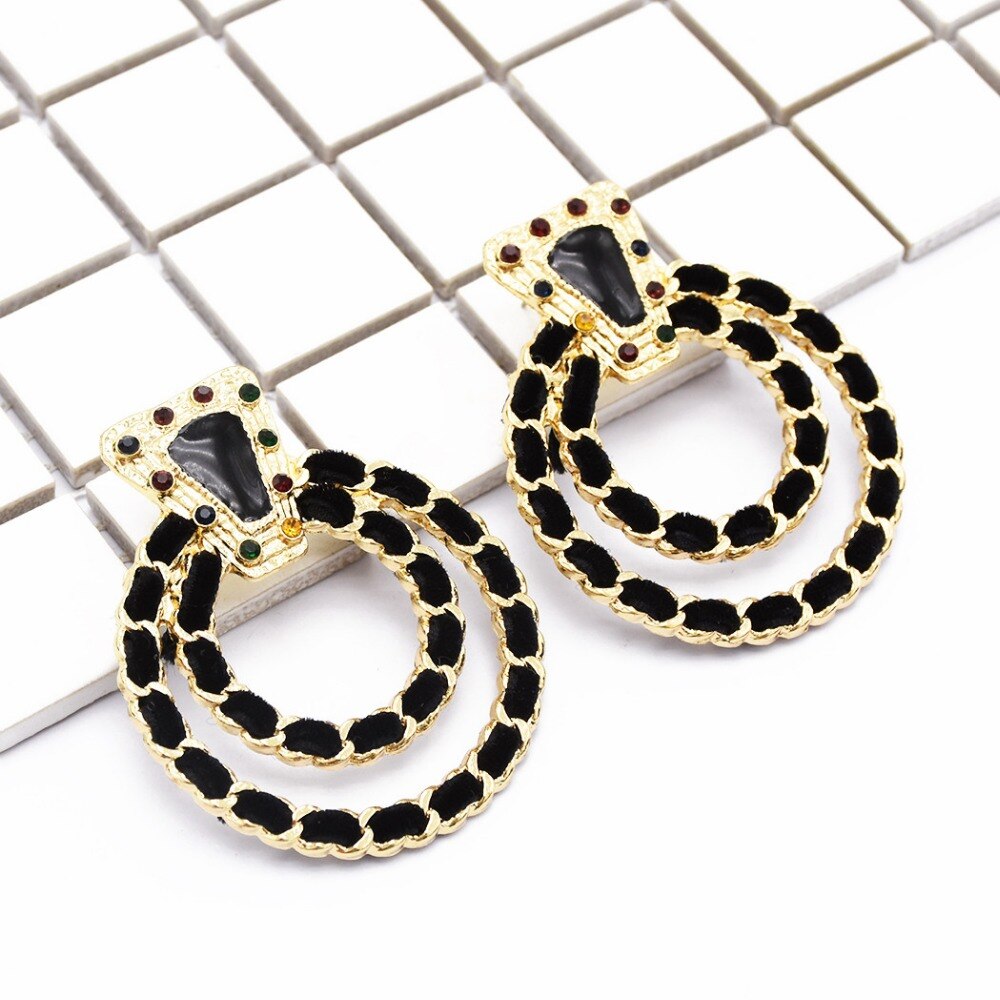 Bohemian Korean Fashion Jewerly Black Red Green Suede Circle Ears For Women Lady Big Geometric Acrylic Rhinestone Stud Earrings