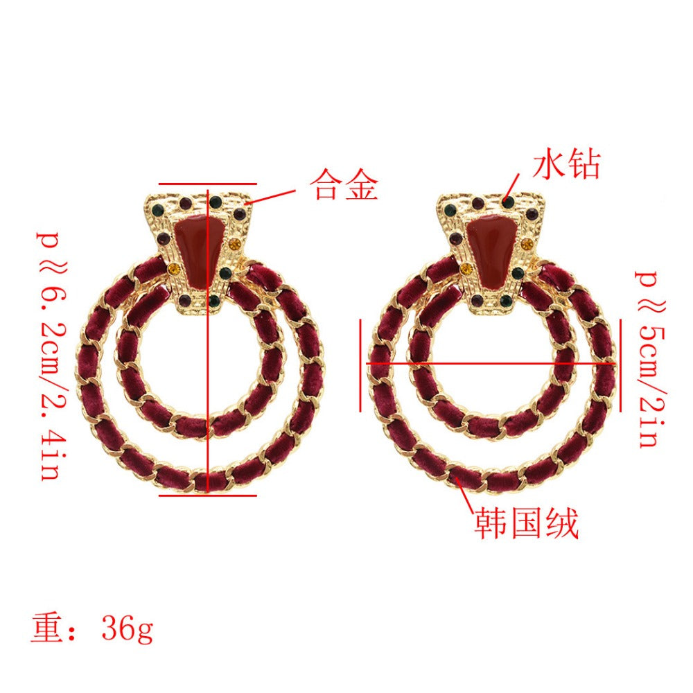 Bohemian Korean Fashion Jewerly Black Red Green Suede Circle Ears For Women Lady Big Geometric Acrylic Rhinestone Stud Earrings