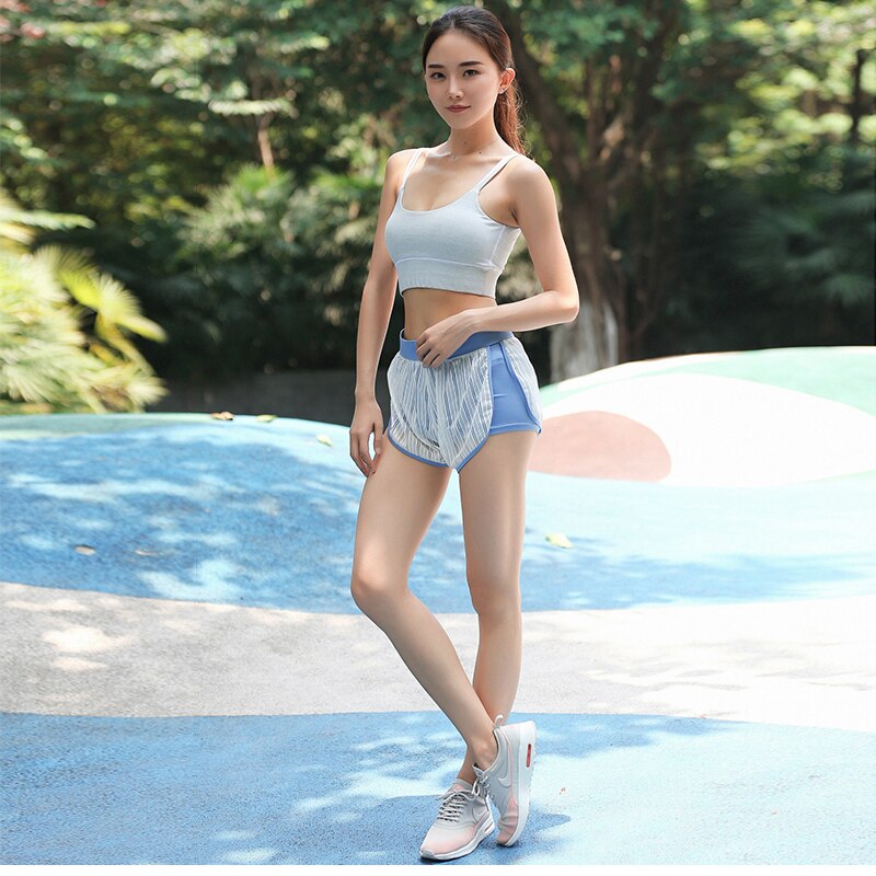 Woman 2 In 1 Gym Yoga Sports Shorts For Women Biker Sport Wear Women's Stripe Fitness Workout Short Ladies Athletic Activewear