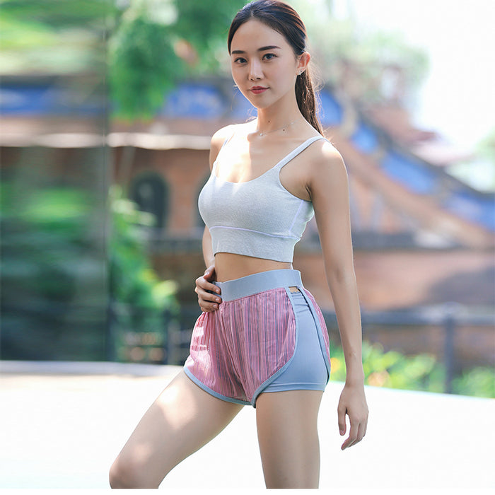 Woman 2 In 1 Gym Yoga Sports Shorts For Women Biker Sport Wear Women's Stripe Fitness Workout Short Ladies Athletic Activewear