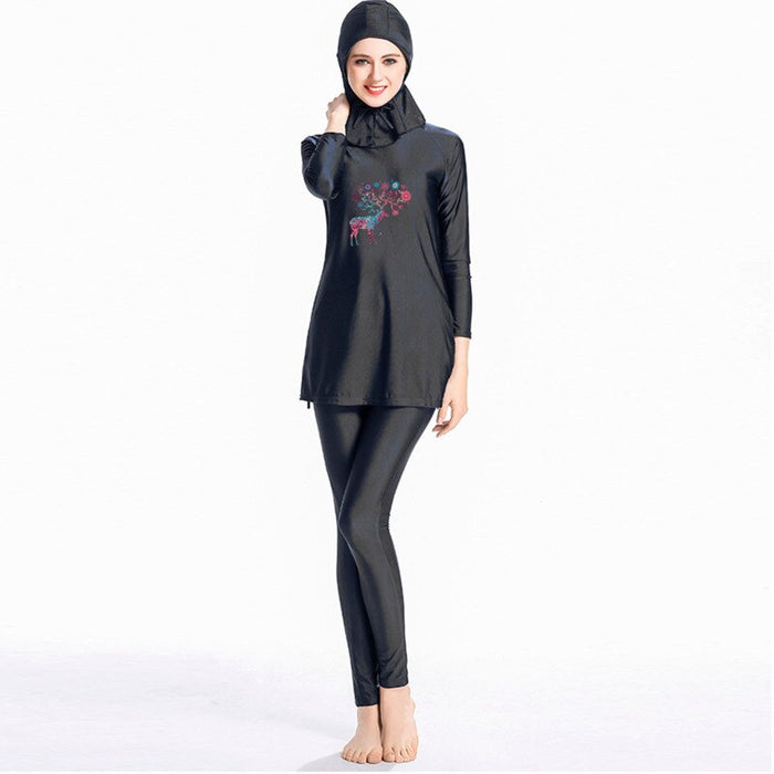 Islamic Lady Swimming Suit Conservative Fawn Pyrograph Print Athletic Wear Islam Burkinis Muslim Swimwear Long Sleeve Swimsuit