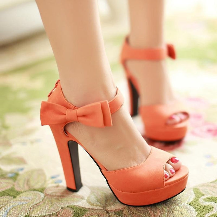 DRFARGO Butterfly Knot bow pump New summer Peep toe Ankle strap orange Sweet Thick high heel Sandals Platform Lady women shoes