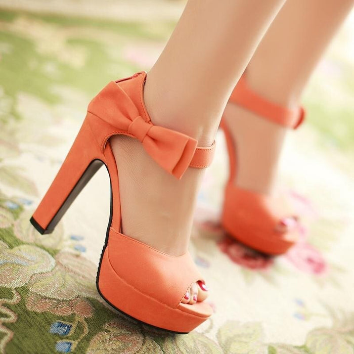 DRFARGO Butterfly Knot bow pump New summer Peep toe Ankle strap orange Sweet Thick high heel Sandals Platform Lady women shoes