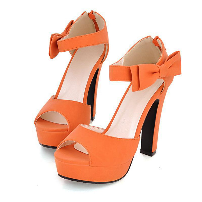 DRFARGO Butterfly Knot bow pump New summer Peep toe Ankle strap orange Sweet Thick high heel Sandals Platform Lady women shoes