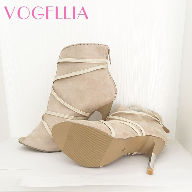 2018 New Fashion Woman Faux Suede Pumps Sexy Open Toe Ankle Boots Slip On Deep V Cut High Heel Lady Autumn Shoes