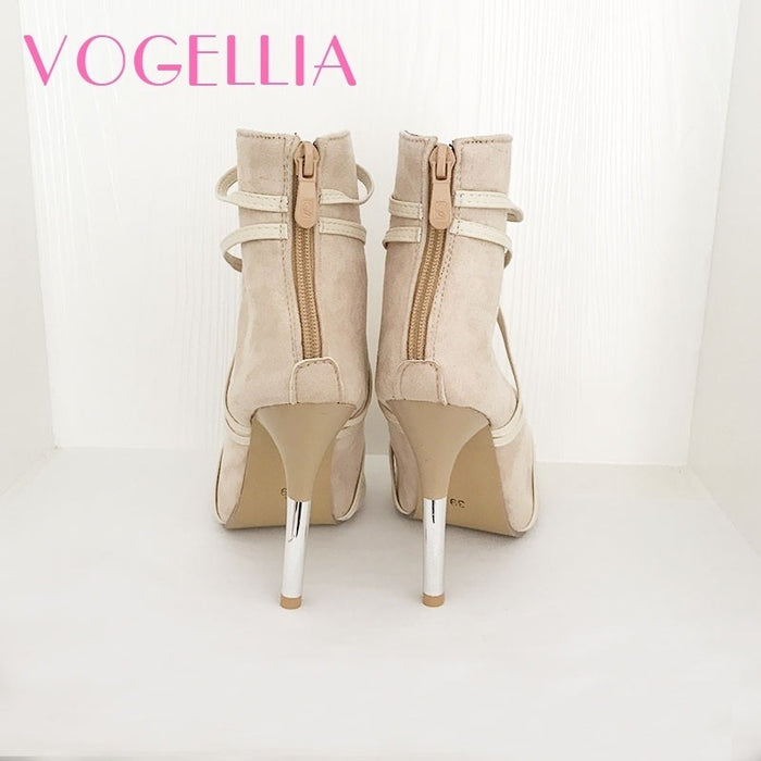 2018 New Fashion Woman Faux Suede Pumps Sexy Open Toe Ankle Boots Slip On Deep V Cut High Heel Lady Autumn Shoes