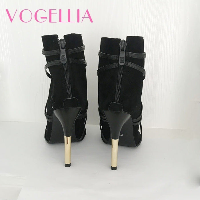 2018 New Fashion Woman Faux Suede Pumps Sexy Open Toe Ankle Boots Slip On Deep V Cut High Heel Lady Autumn Shoes