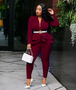 Women Sexy V Neck Tops and Skinny Pants Set 2 Two Piece Set Elegant Office Ladies Workwear Outfits Casual Tracksuit Plus Size
