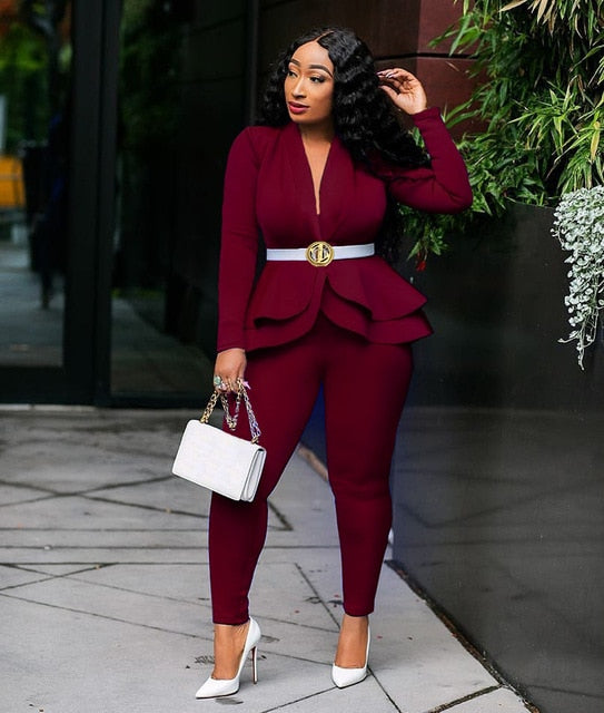 Women Sexy V Neck Tops and Skinny Pants Set 2 Two Piece Set Elegant Office Ladies Workwear Outfits Casual Tracksuit Plus Size