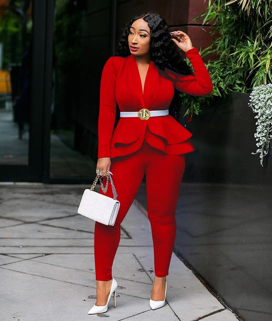 Women Sexy V Neck Tops and Skinny Pants Set 2 Two Piece Set Elegant Office Ladies Workwear Outfits Casual Tracksuit Plus Size