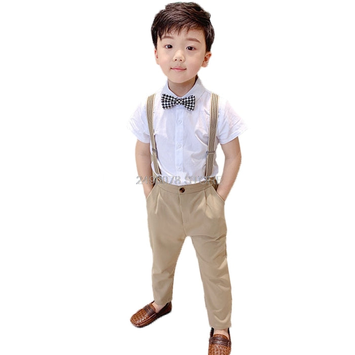 Boys School Uniform Kids Formal Strap Shirt +Pants Clothing Set Children Wedding Birthday Dress Girls Piano Performance Costume