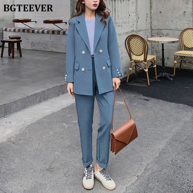 BGTEEVER Fashion Women Blazer Suits Long Sleeve Double- breasted Blazer Pants Suit Office Ladies Two-piece Blazer Sets 2020