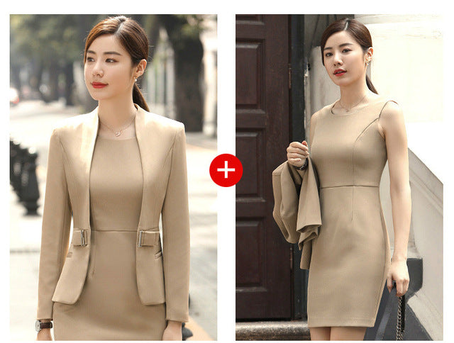 HOT Wine Black Apricot female elegant woman's office blazer dress jacket suit ladies office wear sets costumes business dresses