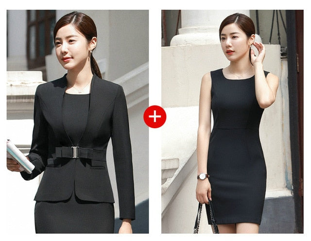 HOT Wine Black Apricot female elegant woman's office blazer dress jacket suit ladies office wear sets costumes business dresses