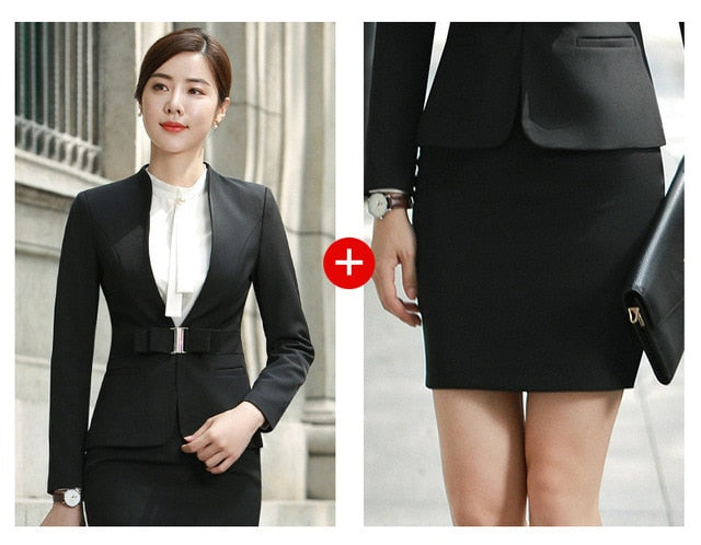 HOT Wine Black Apricot female elegant woman's office blazer dress jacket suit ladies office wear sets costumes business dresses